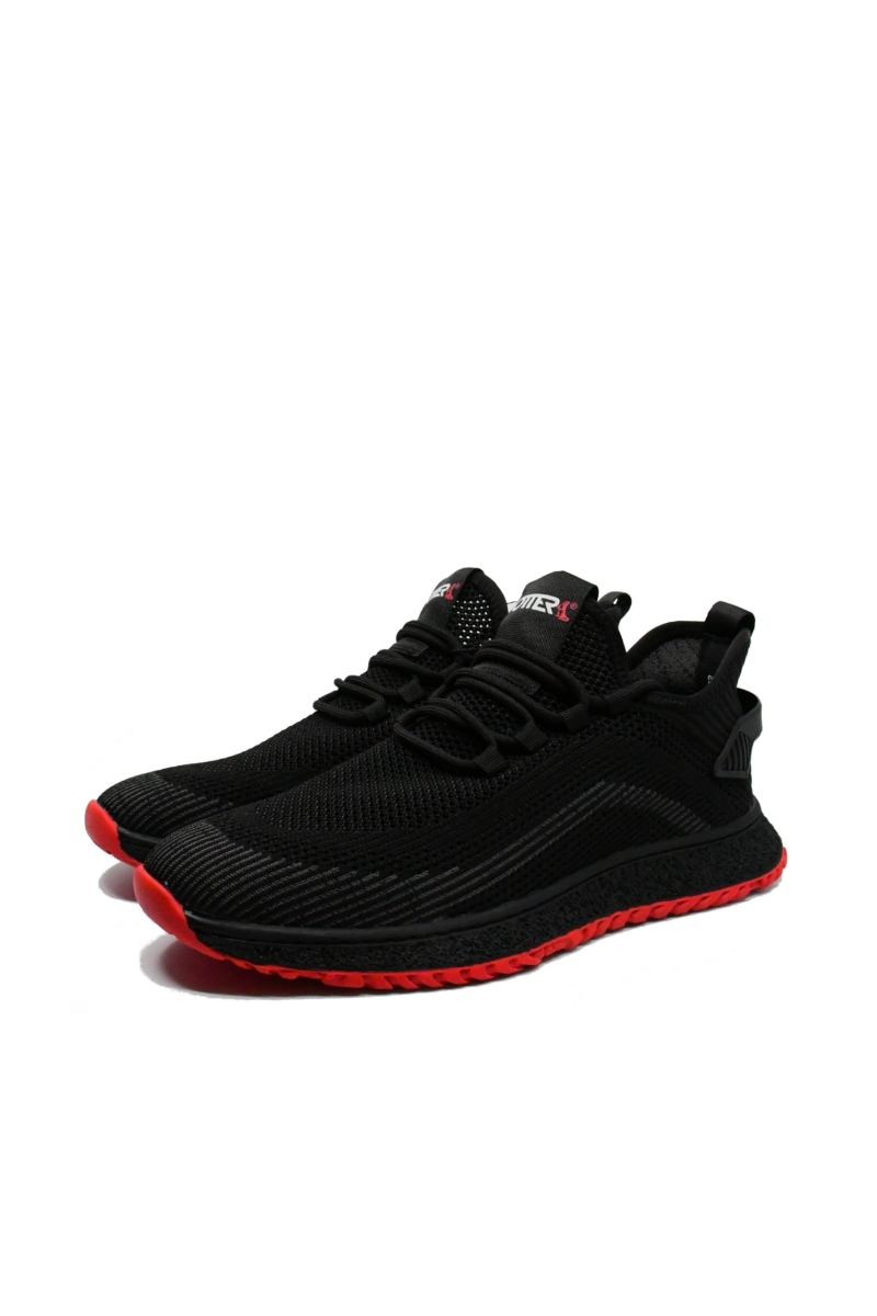 Imagine Sneakers din material textil plasă, negri cu detalii roșii OTR27092