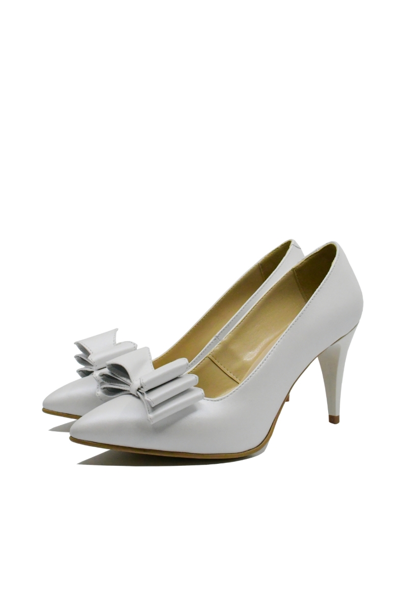 Imagine Pantofi stiletto alb sidefat, cu fundiță, din piele naturală SORA15