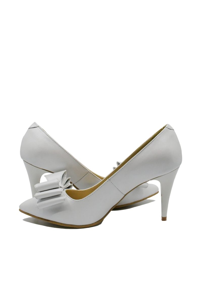 Imagine Pantofi stiletto alb sidefat, cu fundiță, din piele naturală SORA15