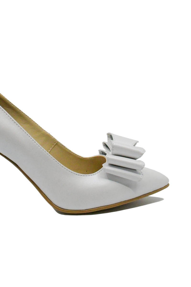 Imagine Pantofi stiletto alb sidefat, cu fundiță, din piele naturală SORA15