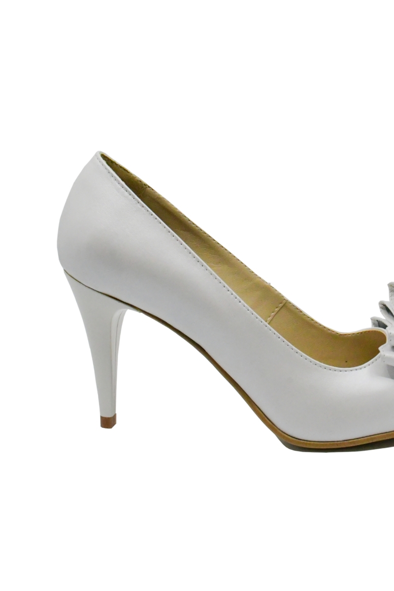 Imagine Pantofi stiletto alb sidefat, cu fundiță, din piele naturală SORA15