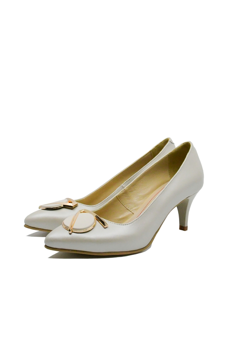 Imagine Pantofi stiletto din piele naturală, bej sidefat cu decorațiune aurie SORA24