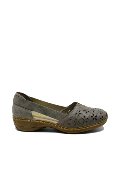 Imagine Mocasini damă din piele naturală bej cu model floral RIK41356-64