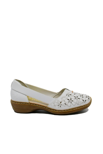 Imagine Mocasini damă din piele naturală albi, cu model floral RIK41356-80