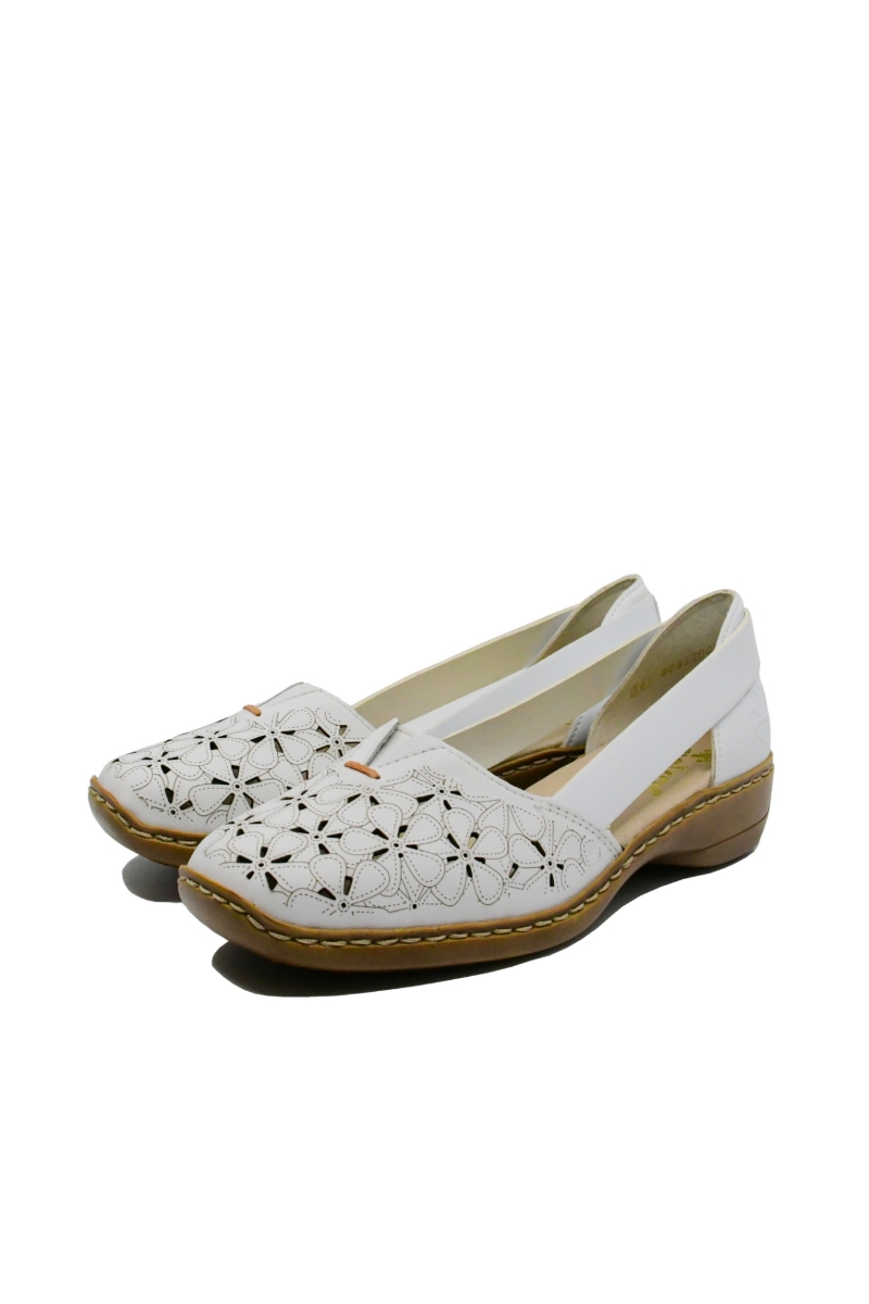 Imagine Mocasini damă din piele naturală albi, cu model floral RIK41356-80