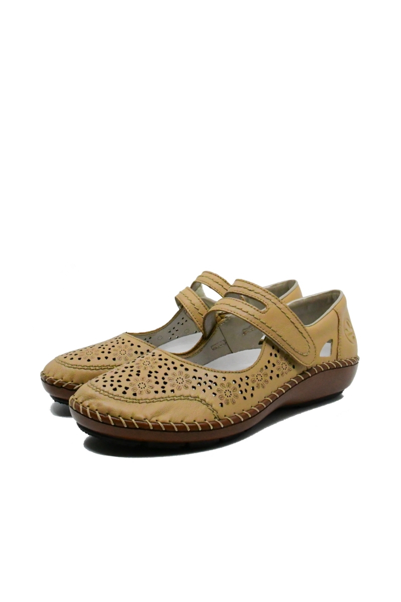 Imagine Pantofi cu baretă bej din piele naturală cu model perforat RIK44875-60