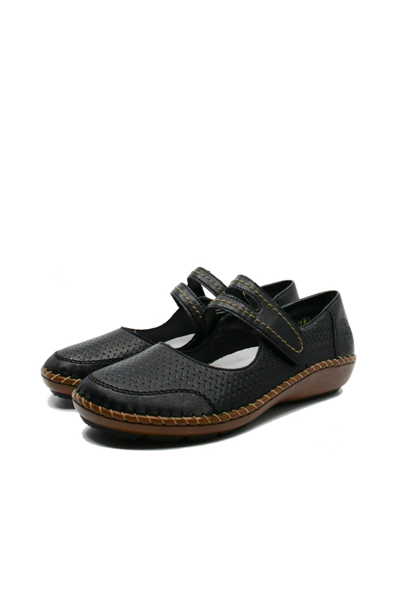 Imagine Pantofi comozi cu baretă negri din piele naturală RIK44871-00