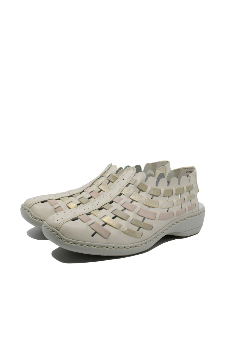 Imagine Pantofi decupați din piele naturală bej cu model împletit auriu RIK413V8-60