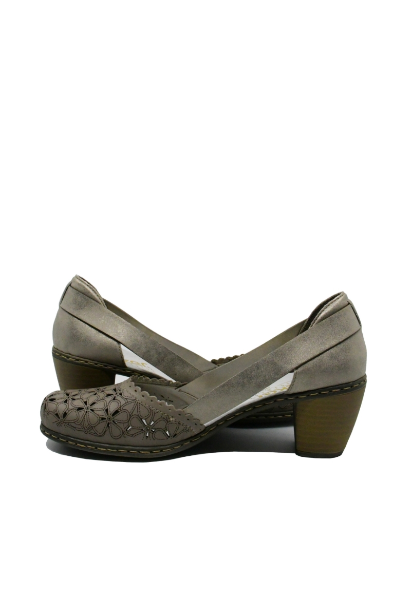 Imagine Pantofi cu toc din piele naturală bej cu model floral RIK40986-64