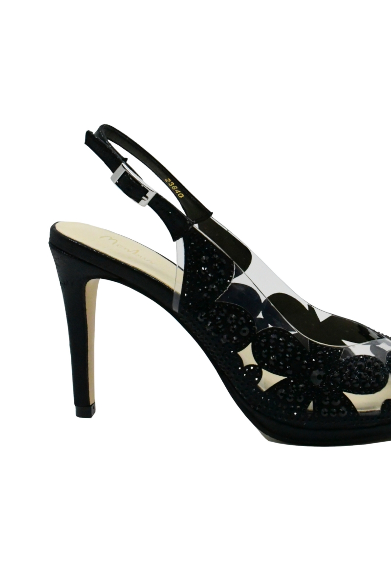 Imagine Pantofi decupați negri cu toc stiletto și model floral cu cristale MEN23640
