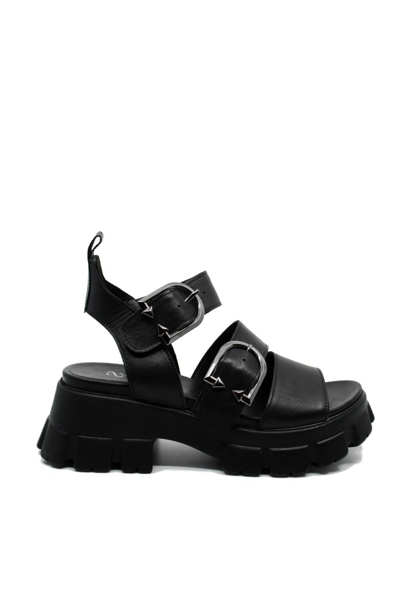 Imagine Sandale damă negre din piele naturală, cu platformă voluminoasă GOR854