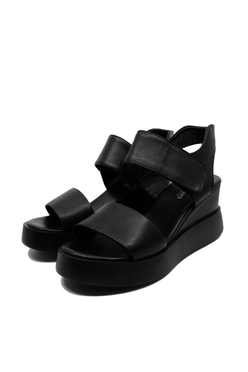 Imagine Sandale damă wedge negre din piele naturală GOR840