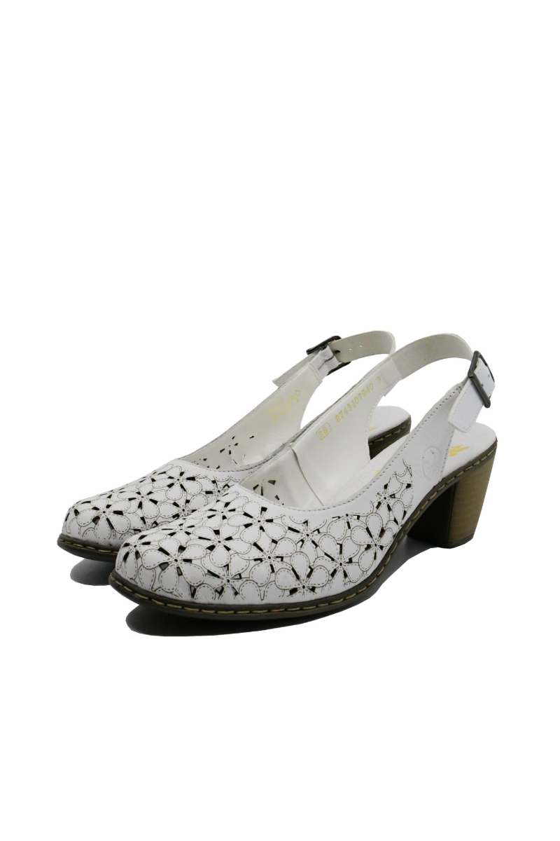 Imagine Pantofi decupați din piele naturală albi cu model floral RIK40981-80