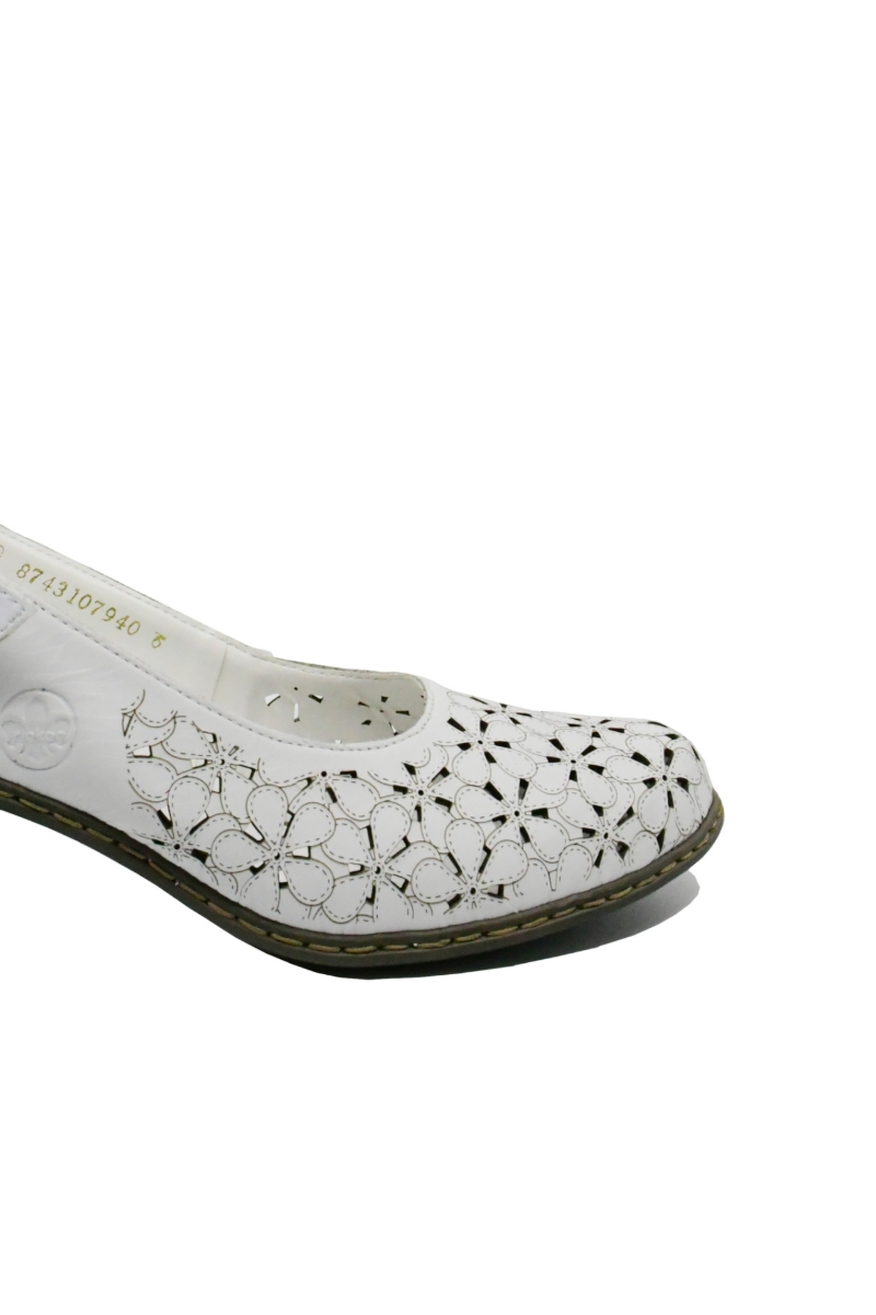 Imagine Pantofi decupați din piele naturală albi cu model floral RIK40981-80