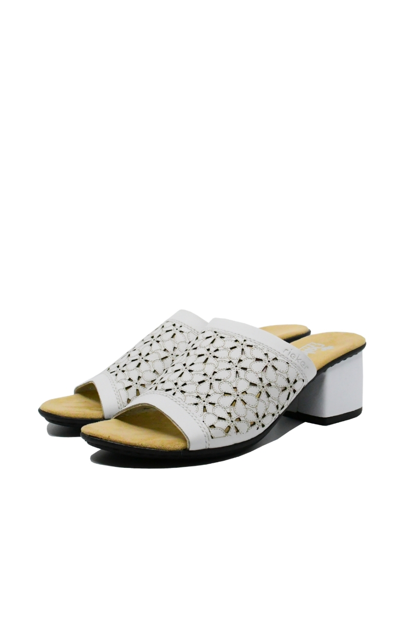 Imagine Saboți damă albi din piele naturală cu model floral RIK64681-80
