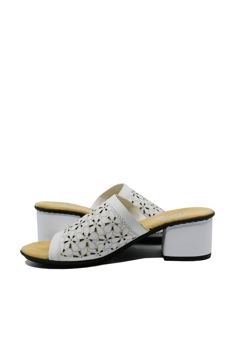 Imagine Saboți damă albi din piele naturală cu model floral RIK64681-80
