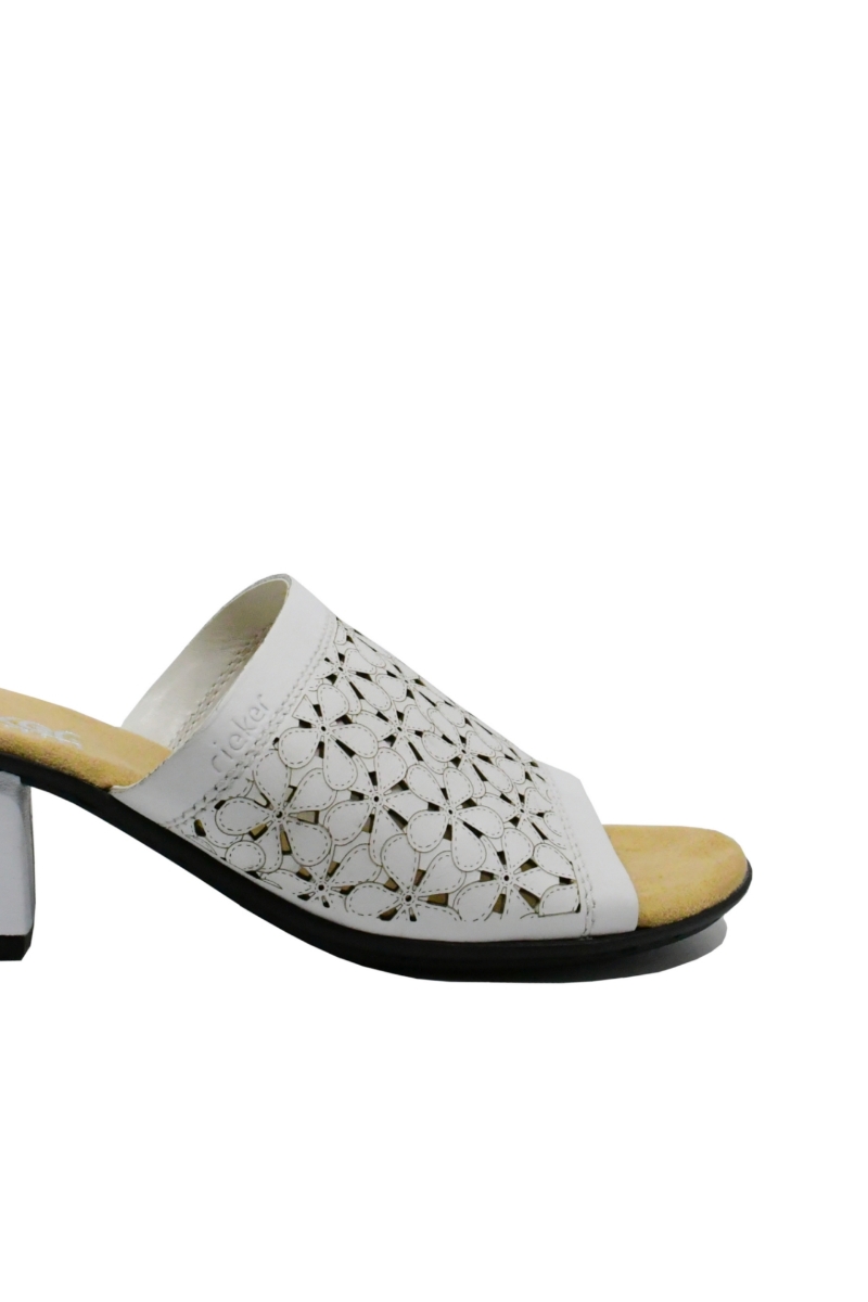 Imagine Saboți damă albi din piele naturală cu model floral RIK64681-80