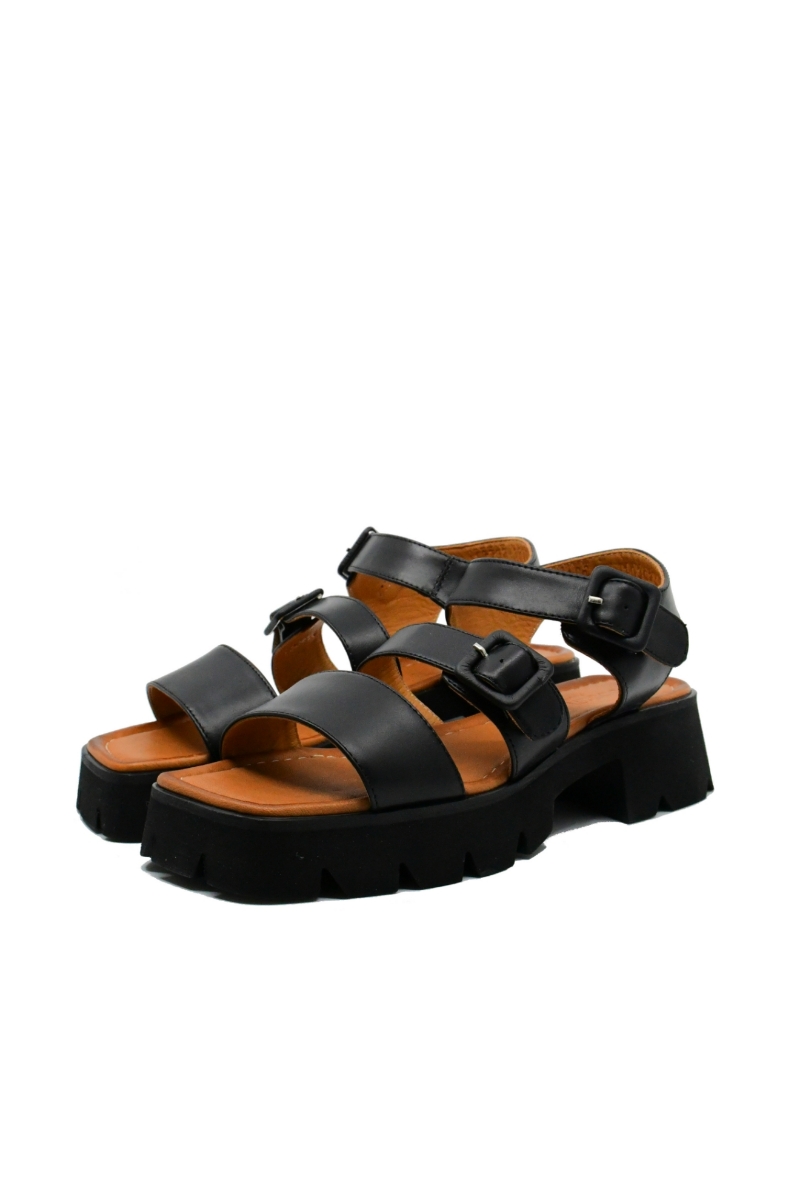 Imagine Sandale damă cu două catarame, negre, din piele naturală MIR10302