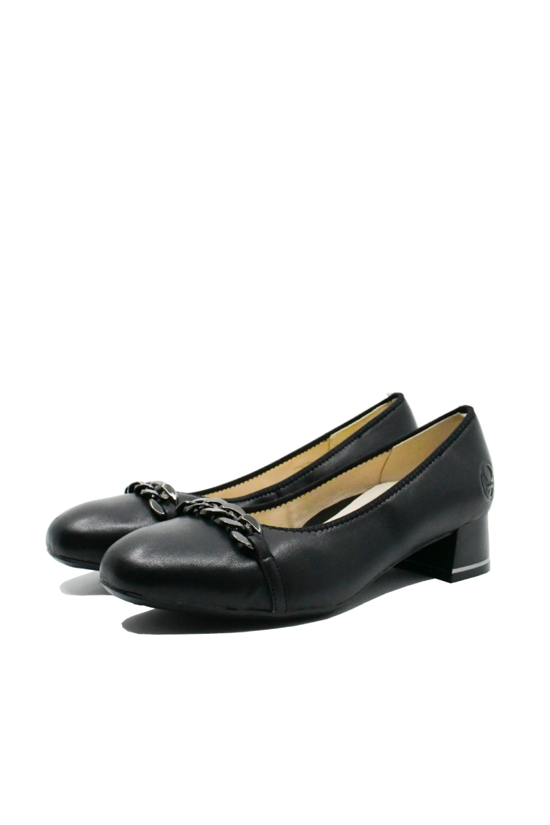Imagine Pantofi damă negri din piele naturală, cu lanț decorativ RIK45069-00
