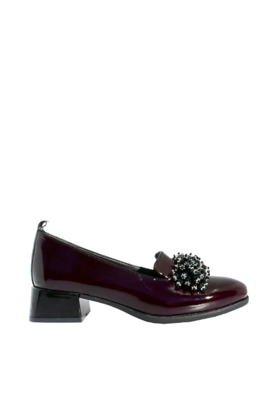 Imagine Pantofi damă cu buchet de ciucuri decorativi, vișinii, din lac FLO613