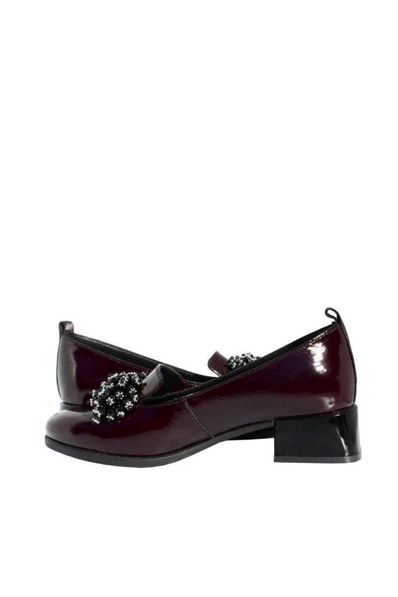 Imagine Pantofi damă cu buchet de ciucuri decorativi, vișinii, din lac FLO613