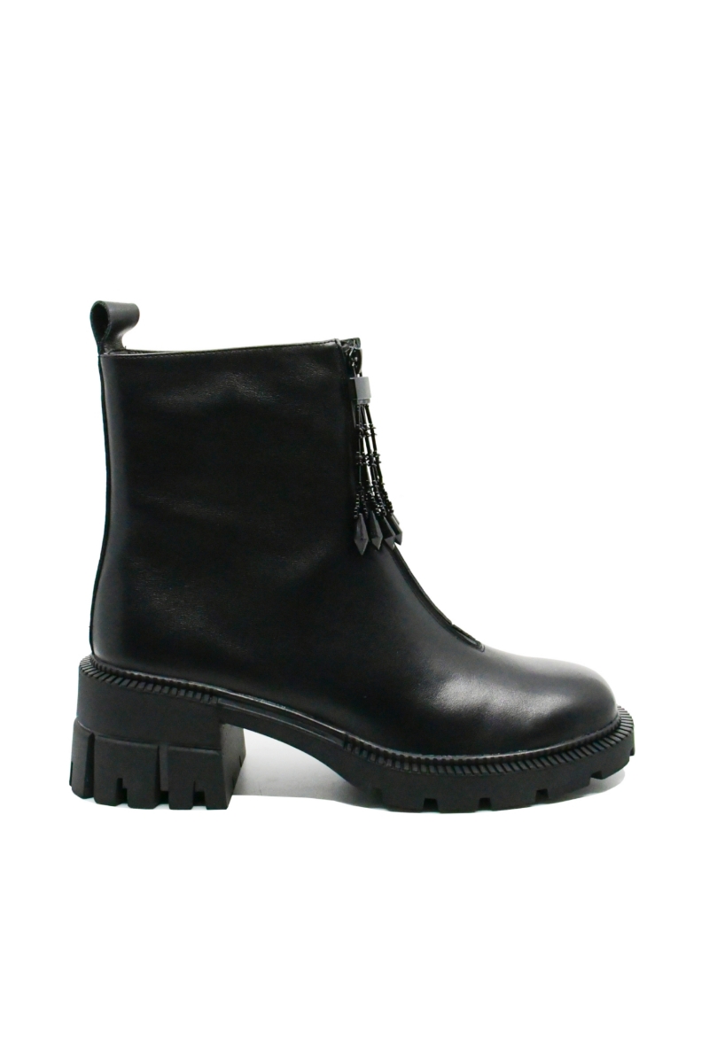 Imagine Botine damă cu fermoar în față și ciucure, negre, din piele naturală FNX2946