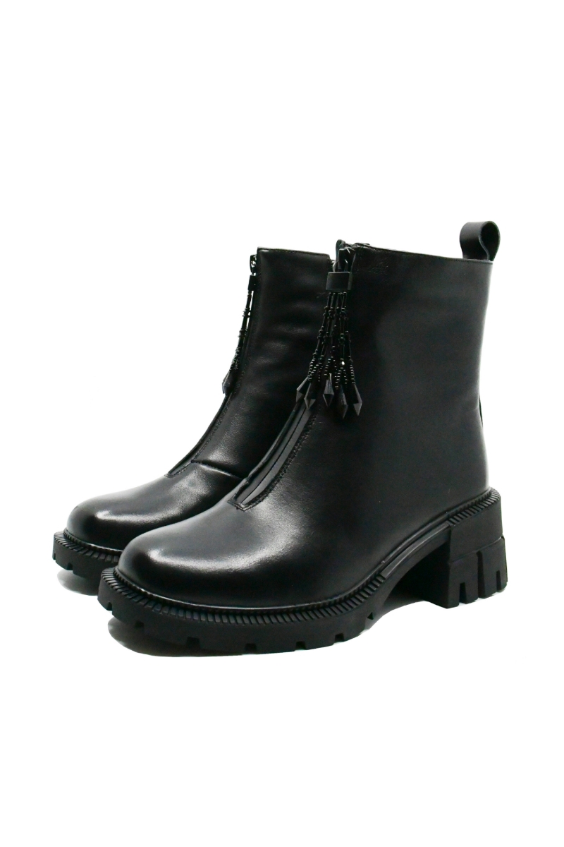 Imagine Botine damă cu fermoar în față și ciucure, negre, din piele naturală FNX2946