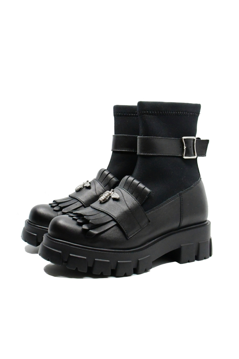 Imagine Ghete damă negre din piele naturală, cu aspect de loafer LF029