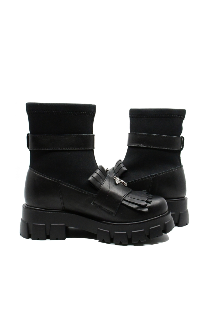 Imagine Ghete damă negre din piele naturală, cu aspect de loafer LF029