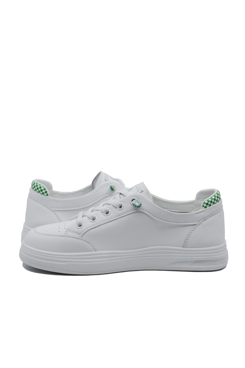 Imagine Pantofi sport damă din piele naturală, albi cu detalii șah verzi FNX229980