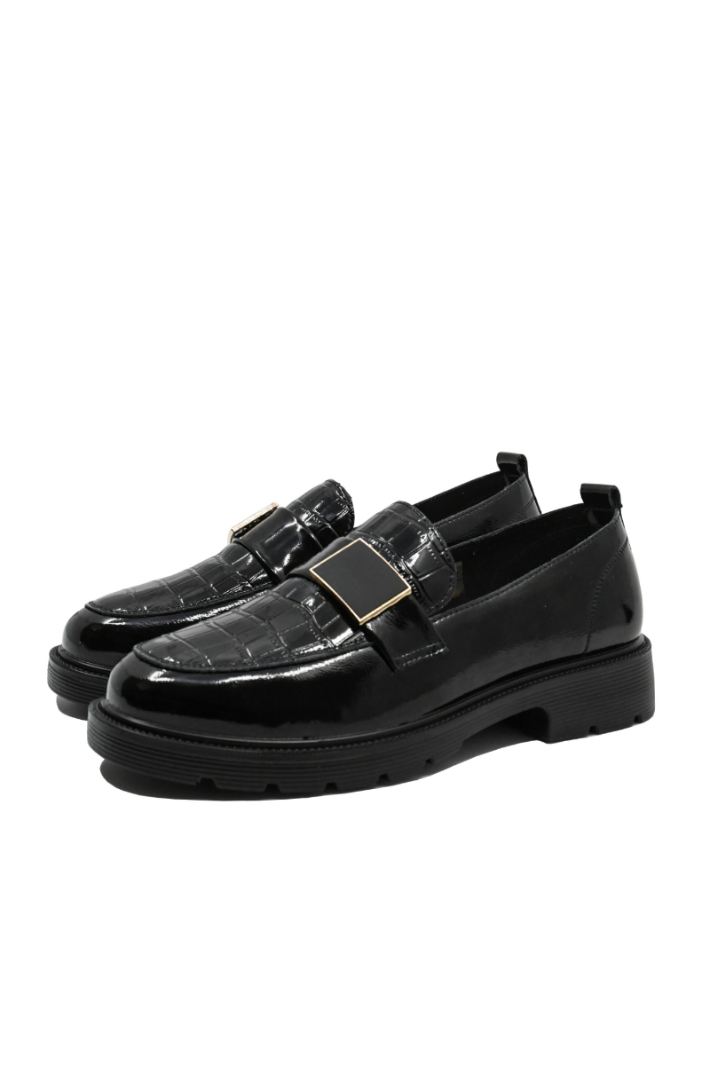 Imagine Pantofi loafer damă negri din lac cu detaliu croco OTR440001