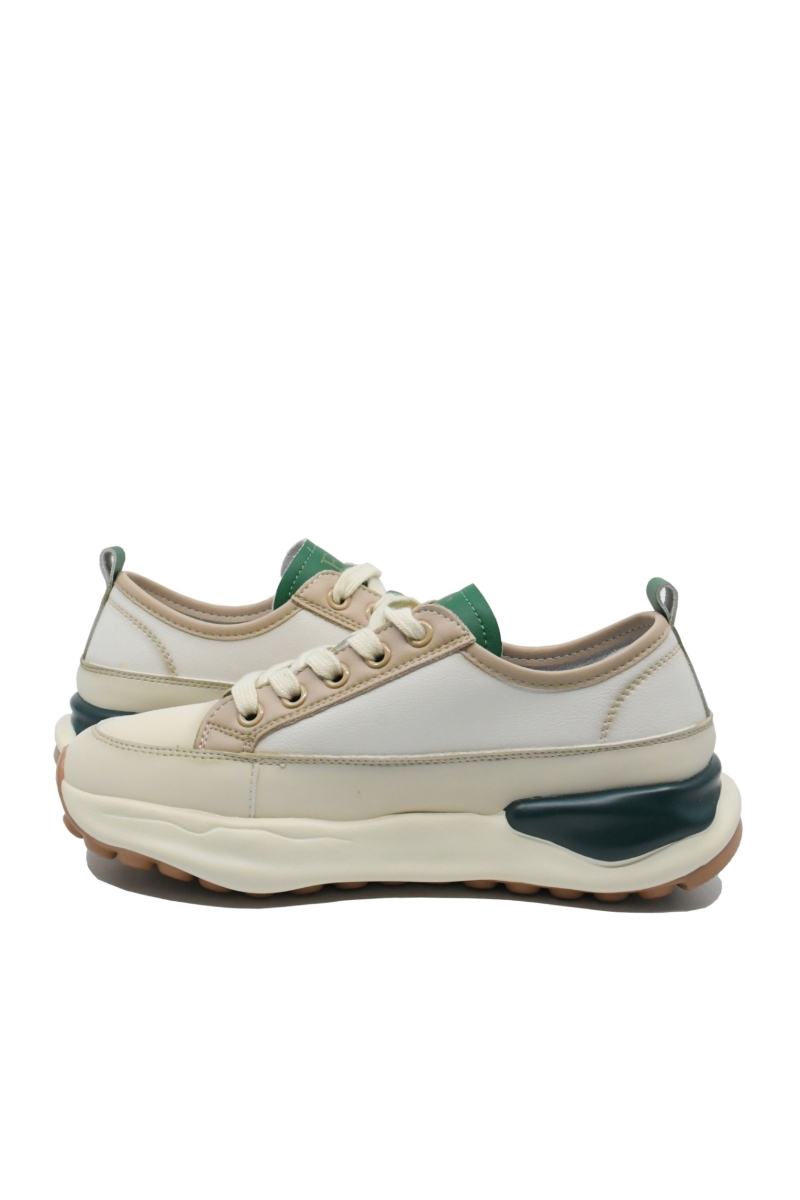 Imagine Pantofi sport damă din piele naturală, bej cu detalii verzi FNX18001-3