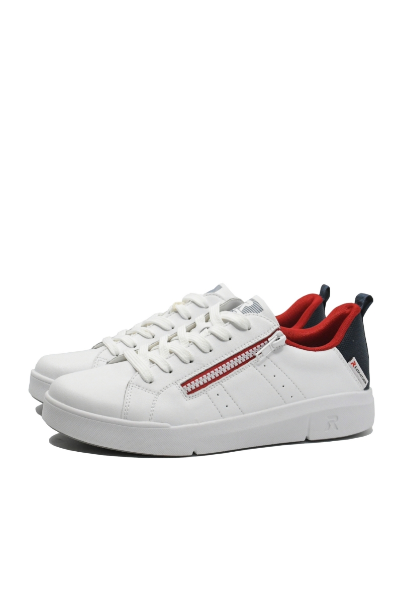 Imagine Pantofi sport damă din piele naturală, albi cu detalii roșii contrast RIK41906-80