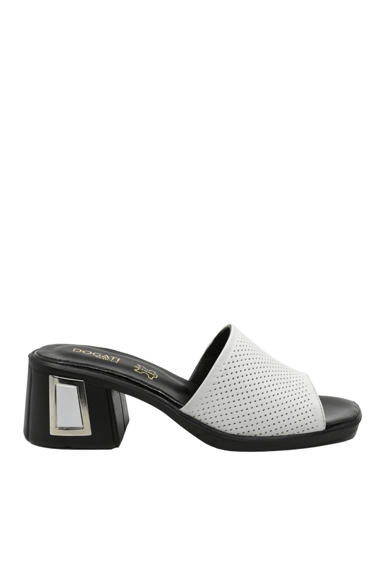 Imagine Saboți cu toc bloc albi din piele naturală cu aspect perforat MIR9516