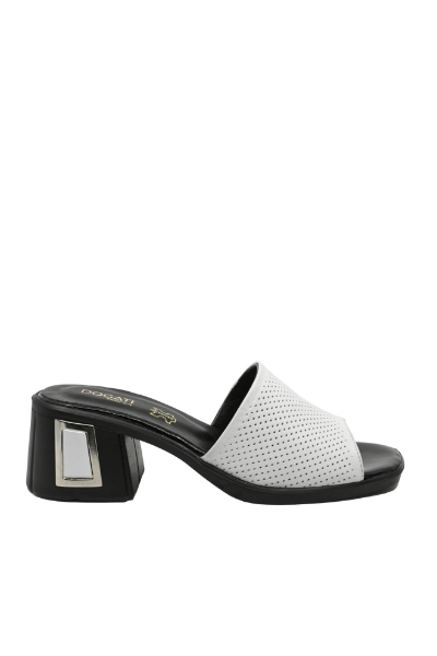Imagine Saboți cu toc bloc albi din piele naturală cu aspect perforat MIR9516