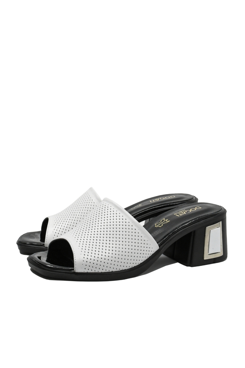 Imagine Saboți cu toc bloc albi din piele naturală cu aspect perforat MIR9516