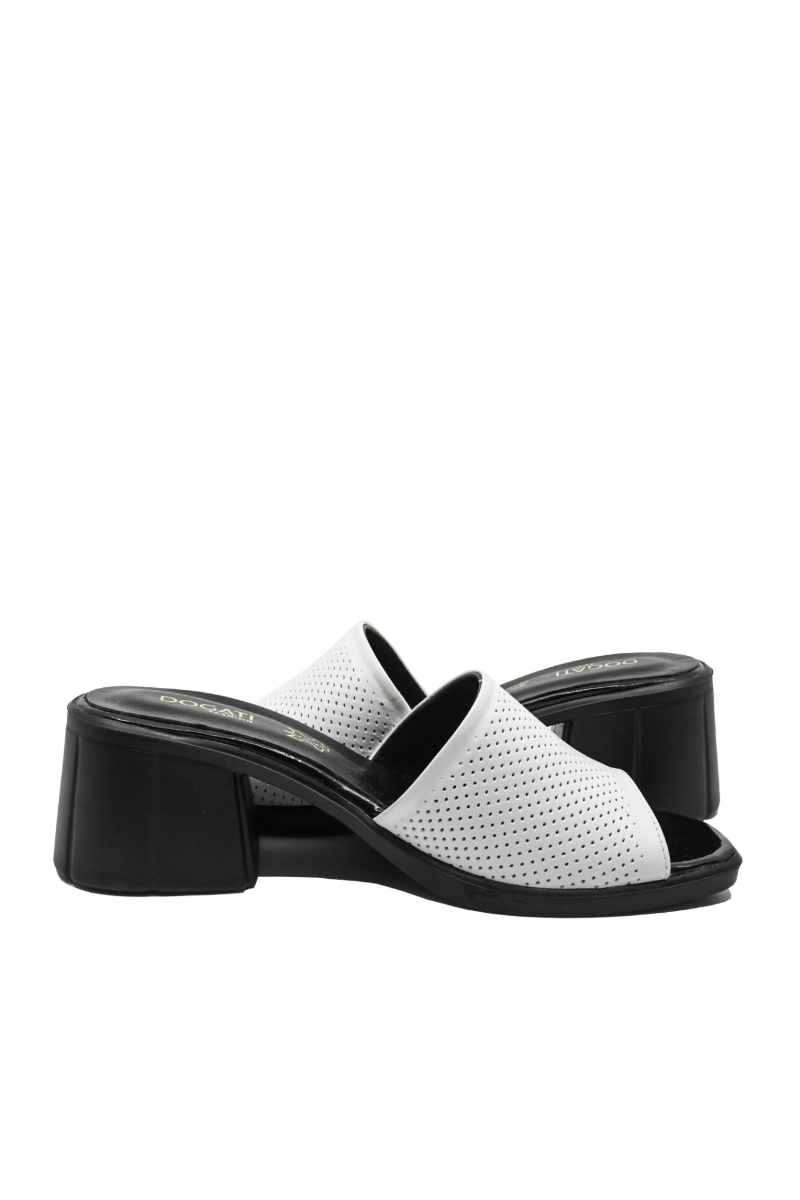 Imagine Saboți cu toc bloc albi din piele naturală cu aspect perforat MIR9516