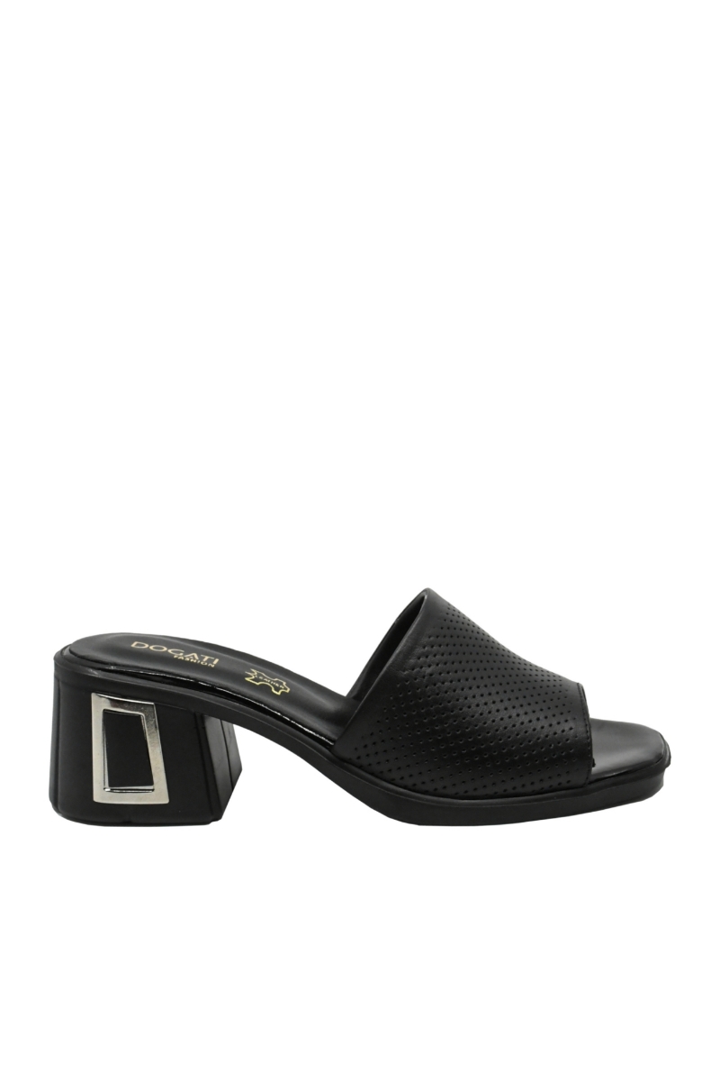 Imagine Saboți cu toc bloc negri din piele naturală cu aspect perforat MIR9516