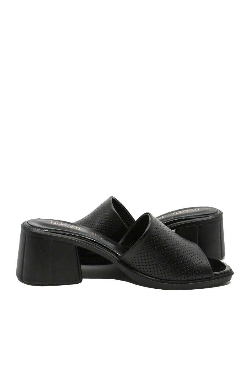 Imagine Saboți cu toc bloc negri din piele naturală cu aspect perforat MIR9516