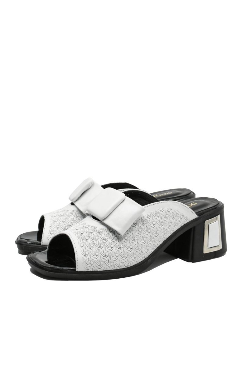 Imagine Saboți albi din piele naturală cu fundiță și model floral MIR9506