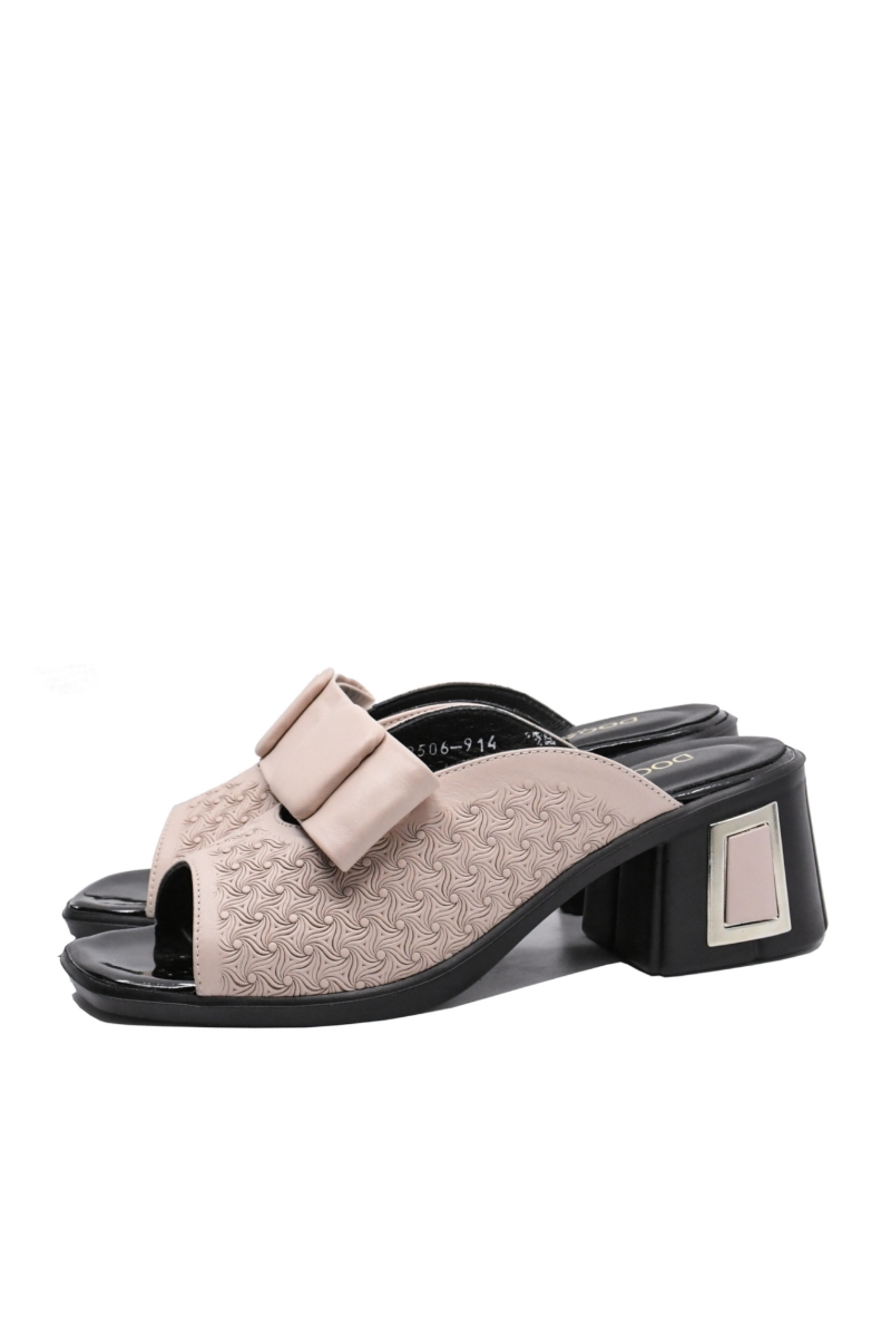 Imagine Saboți roz pudră din piele naturală cu fundiță și model floral MIR9506