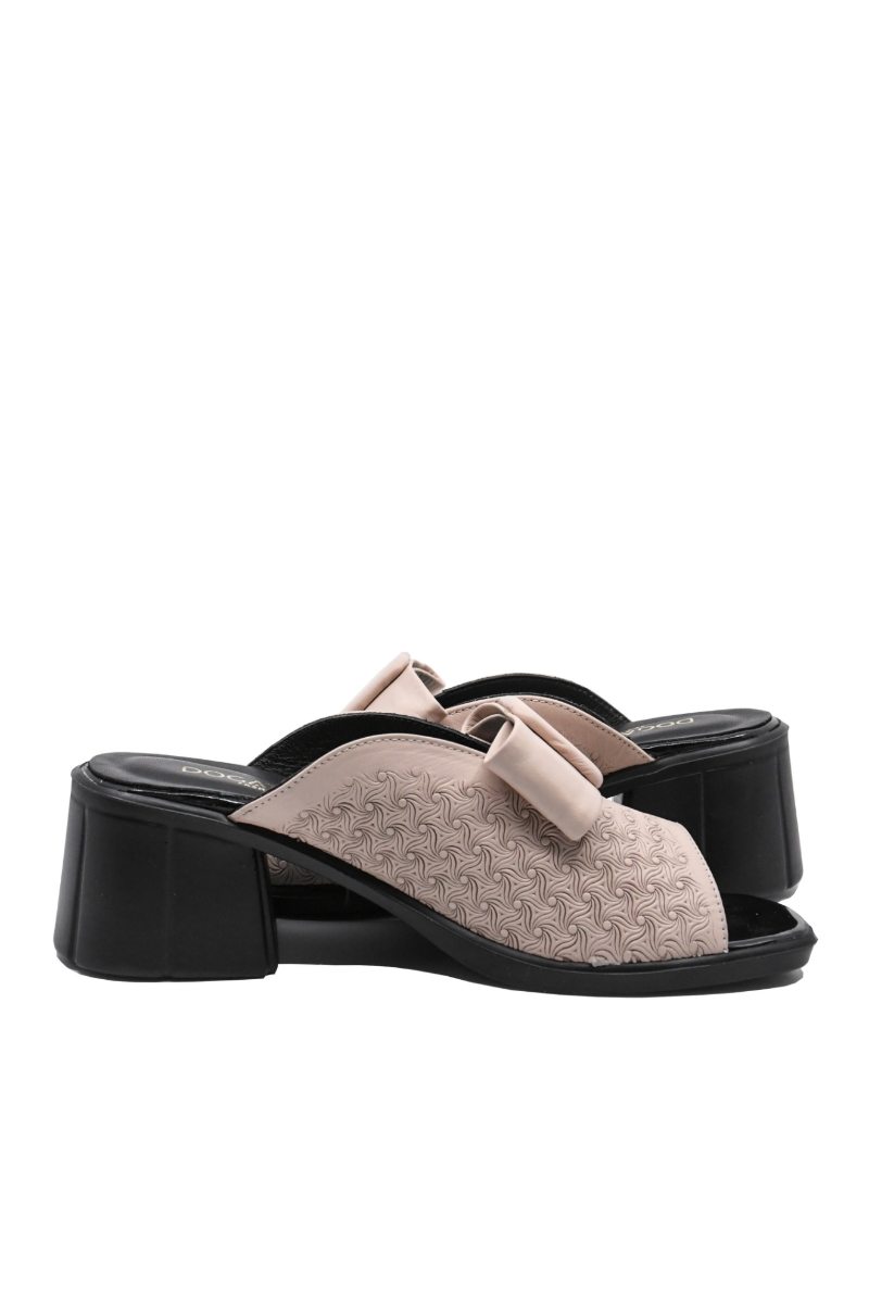 Imagine Saboți roz pudră din piele naturală cu fundiță și model floral MIR9506