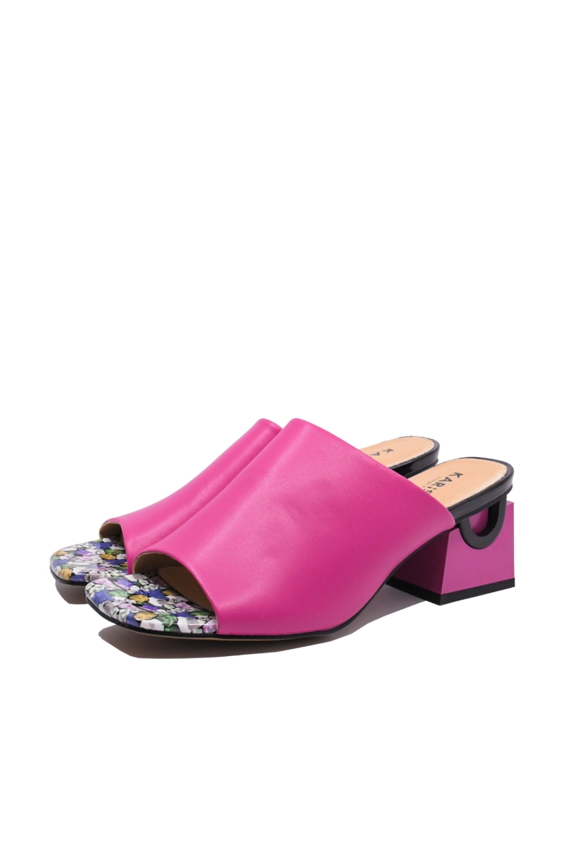 Imagine Saboți damă cu toc statement, fuchsia din piele naturală OTR40014