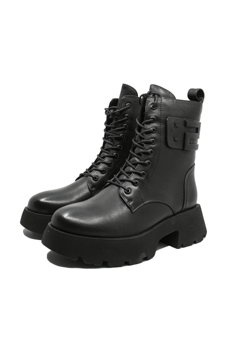 Imagine Ghete combat negre din piele naturală cu  talpa ultra masivă FLGZ086-08N