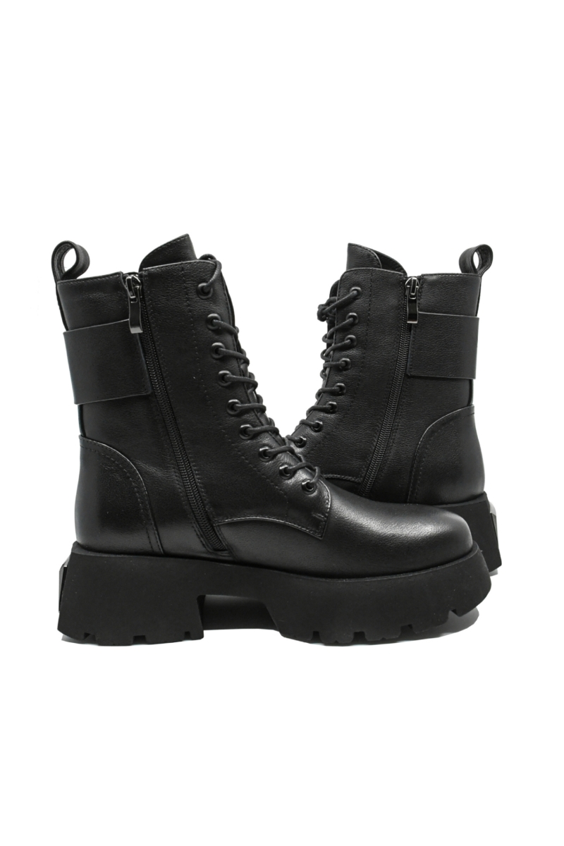 Imagine Ghete combat negre din piele naturală cu  talpa ultra masivă FLGZ086-08N
