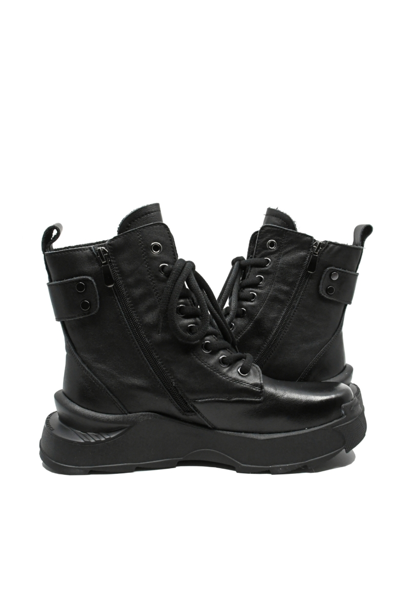 Imagine Ghete damă stil combat, negre, din piele naturală, FNX867598