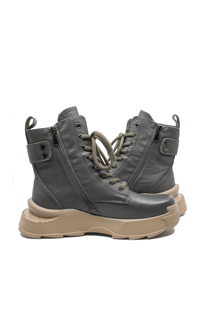 Imagine Ghete damă stil combat, grey, din piele naturală, FNX867598