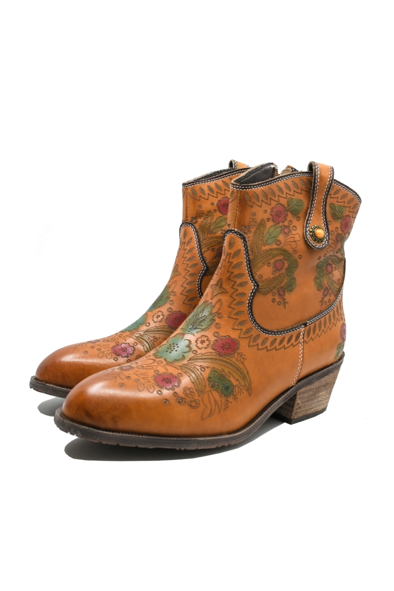Imagine Ghete damă stil western cu model floral, camel din piele naturală FLGZM766-41