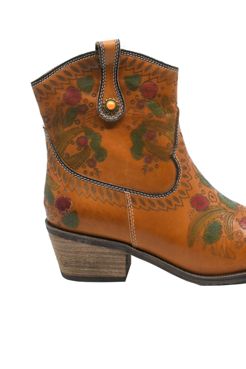 Imagine Ghete damă stil western cu model floral, camel din piele naturală FLGZM766-41