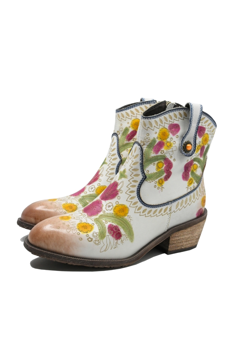 Imagine Ghete damă stil western cu model floral, albe din piele naturală FLGZM766-41